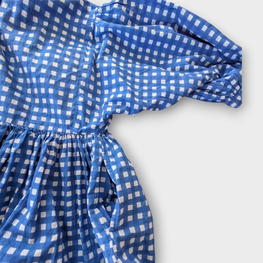 Blue Gingham Midi Dress S 100% Cotton Pockets Puff Sleeve Cottagecore Prairie - Picture 4 of 5